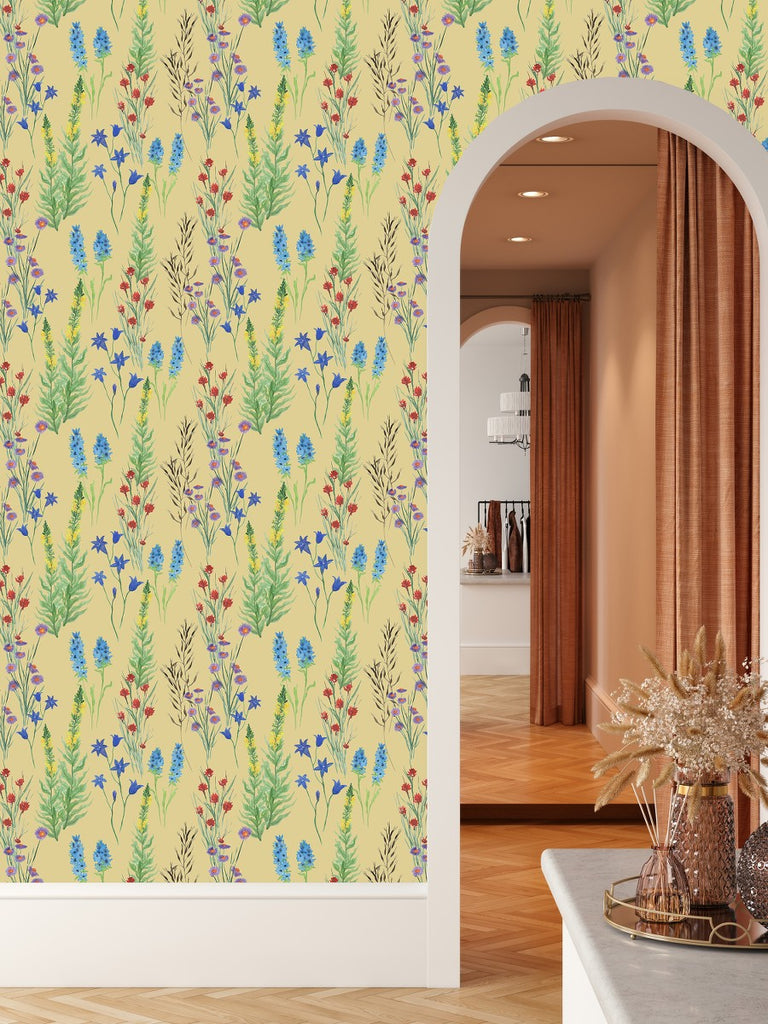 Yellow Wallpaper with Wildflowers  uniQstiQ Floral