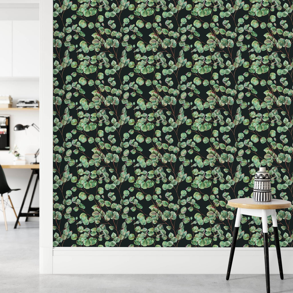 Black Wallpaper with Poplar Leaves uniQstiQ Botanical