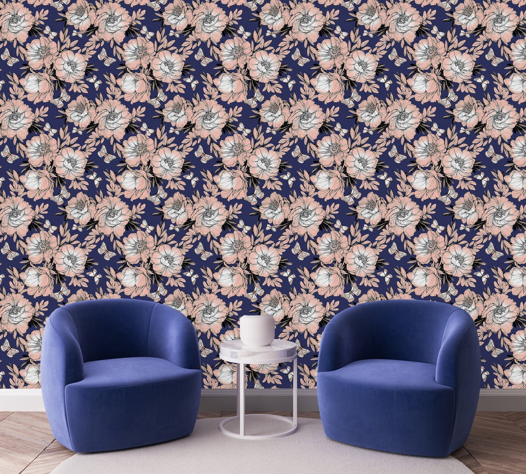 Dark Blue Wallpaper with Pink Flowers uniQstiQ Floral