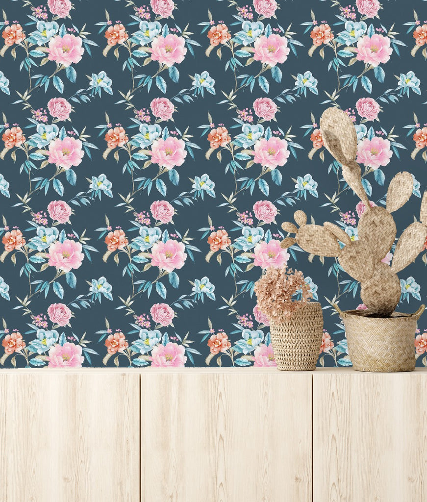 Blue Wallpaper with Pink Roses  uniQstiQ Floral