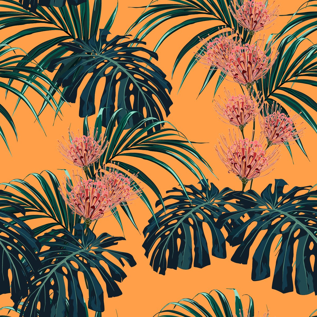 Orange Wallpaper with Tropical Leaves  uniQstiQ Tropical