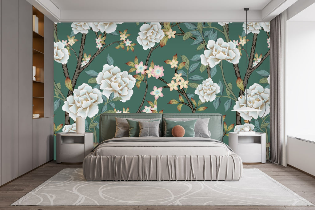 Green Wallpaper with White Flowers uniQstiQ Murals