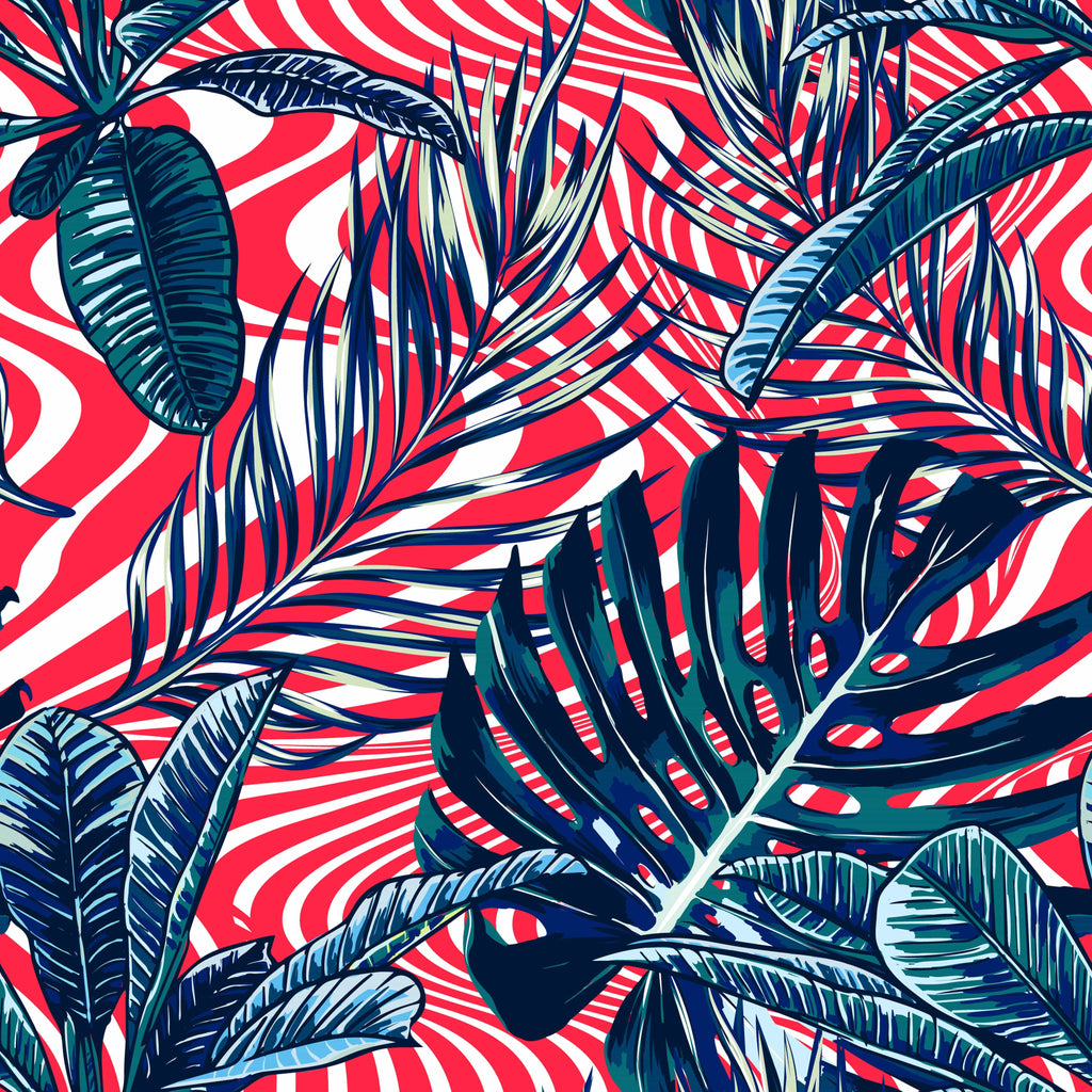 uniQstiQ Tropical Abstract Stripes Waves with Palm Leaves Wallpaper Wallpaper