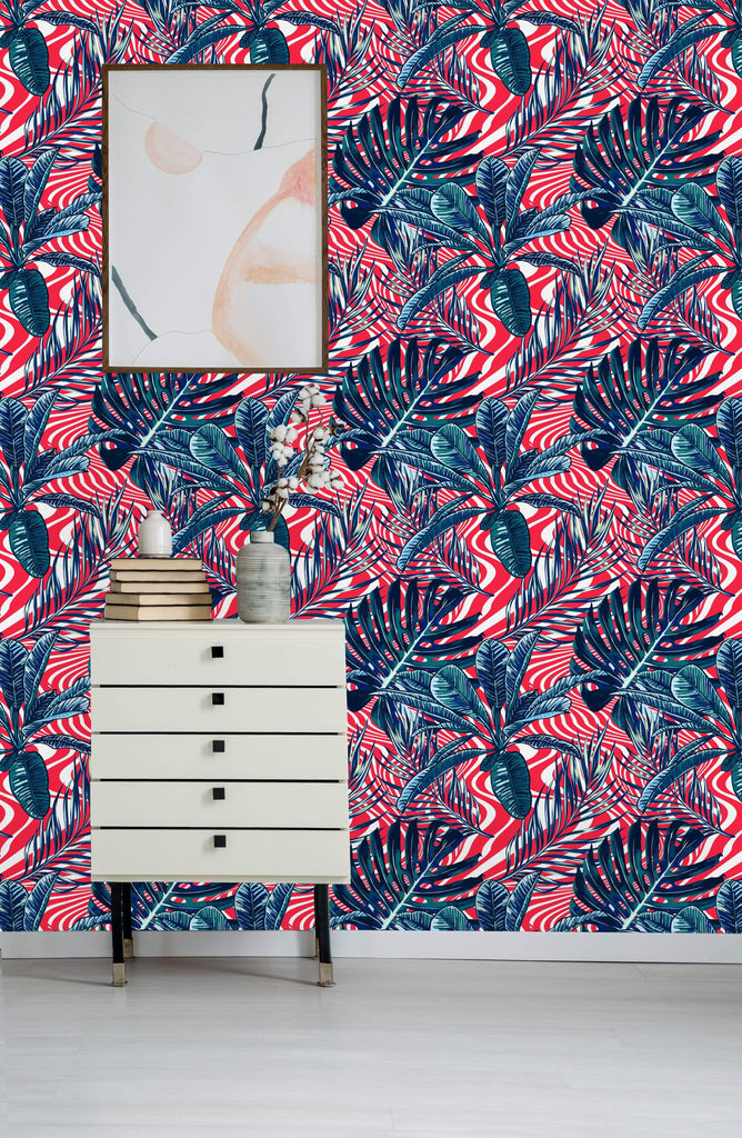 uniQstiQ Tropical Abstract Stripes Waves with Palm Leaves Wallpaper Wallpaper