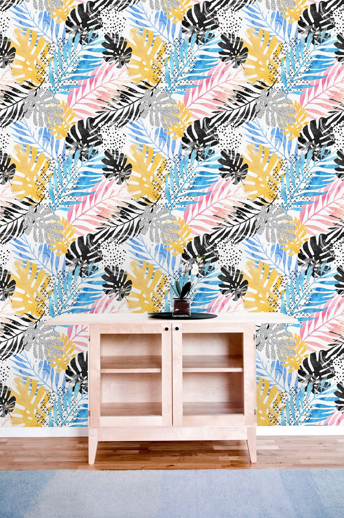 uniQstiQ Tropical Abstract Watercolor Palm and Monstera Leaf Wallpaper Wallpaper