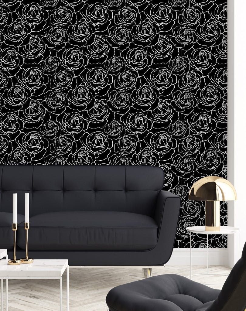 Black Wallpaper with White Floral Contours uniQstiQ Floral