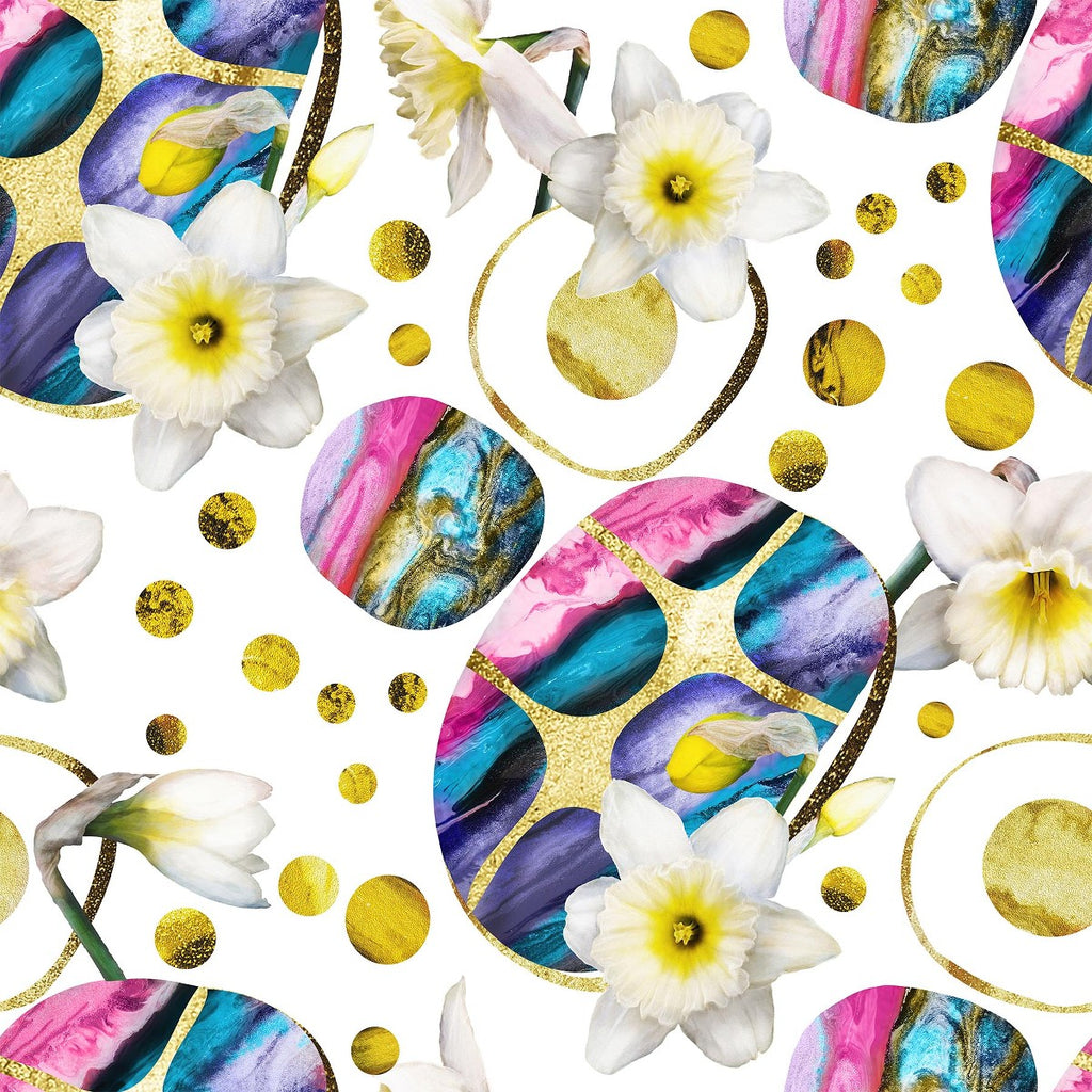 White Flowers and Multicolored Pattern Wallpaper uniQstiQ Geometric