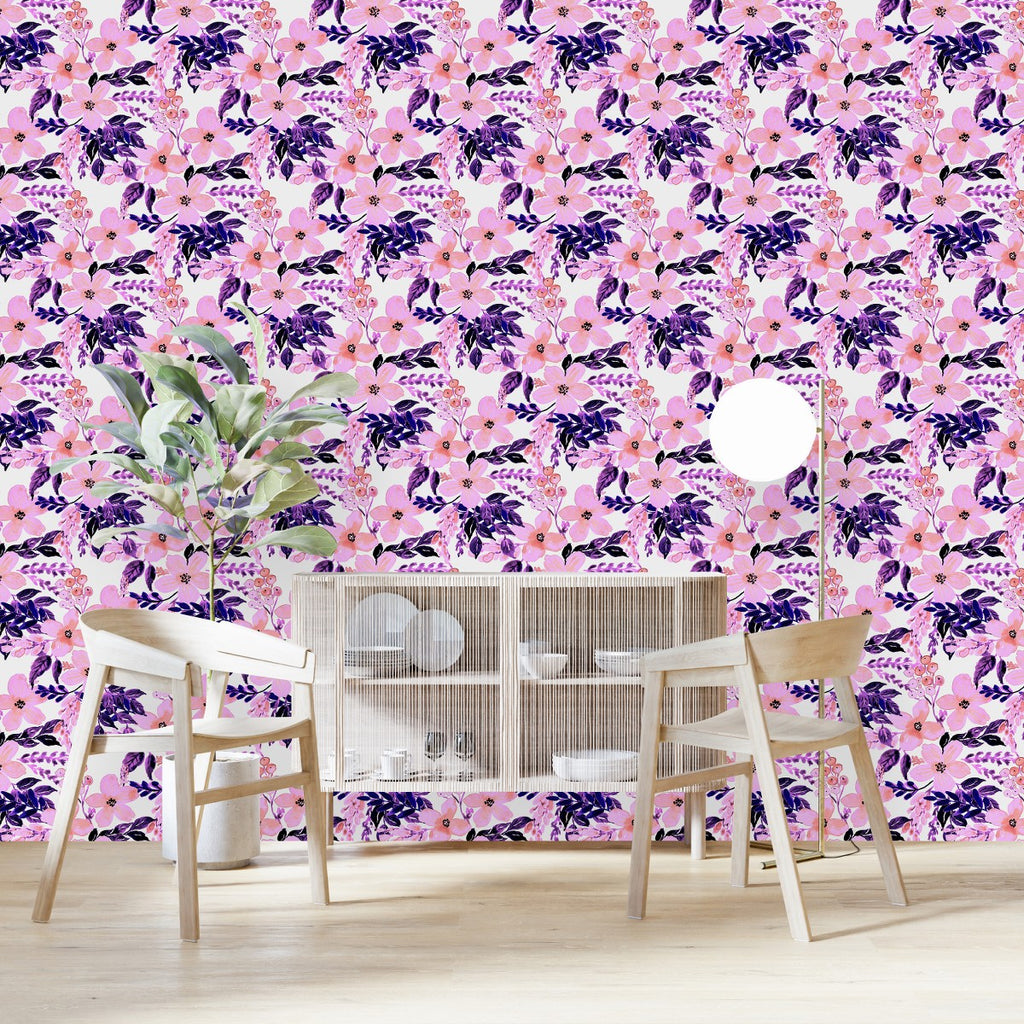 Pink Flowers and Violet Leaves Wallpaper  uniQstiQ Floral