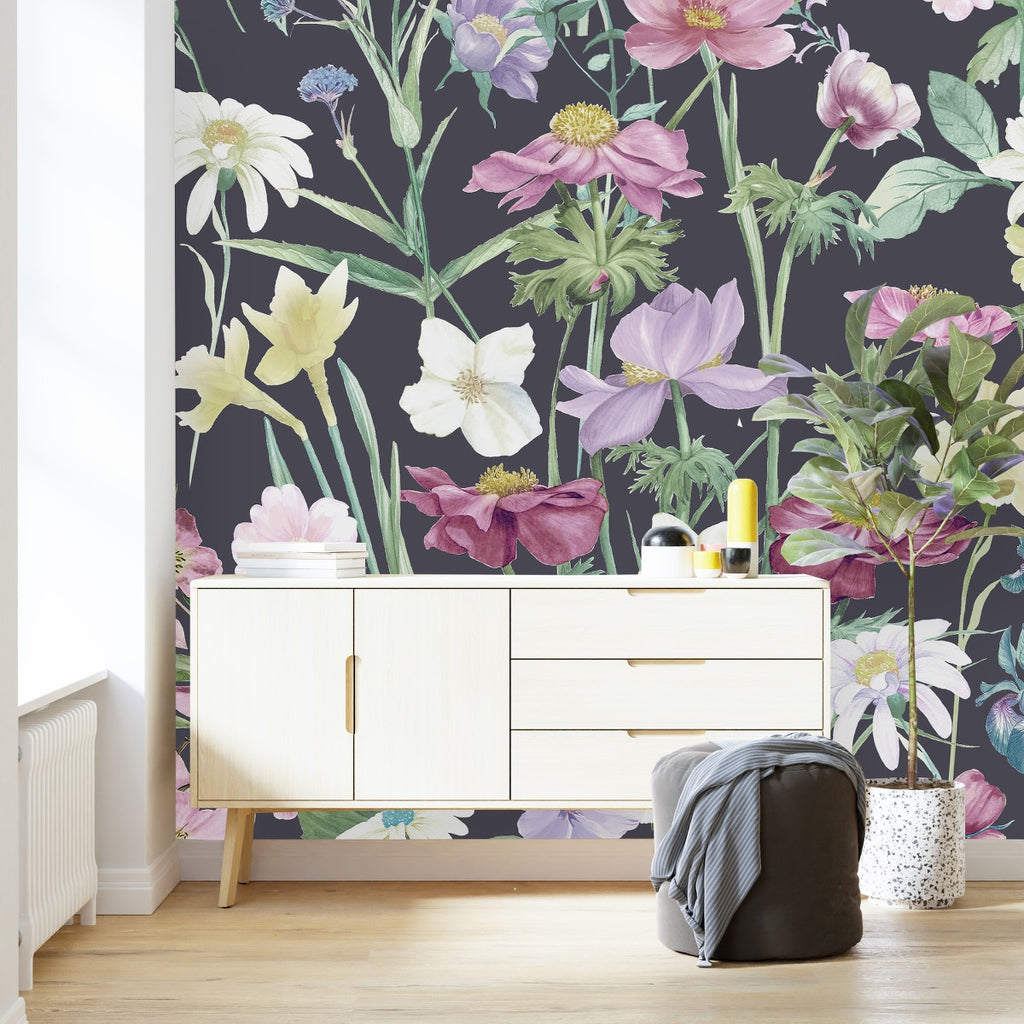 Dark Wallpaper with Meadow Flowers uniQstiQ Murals