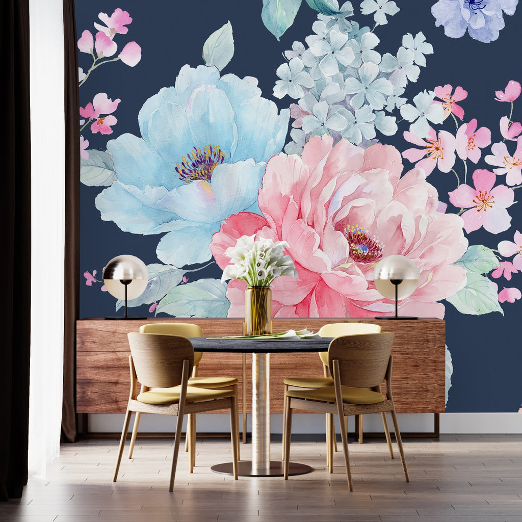 Dark Blue Wallpaper with Flowers  uniQstiQ Murals