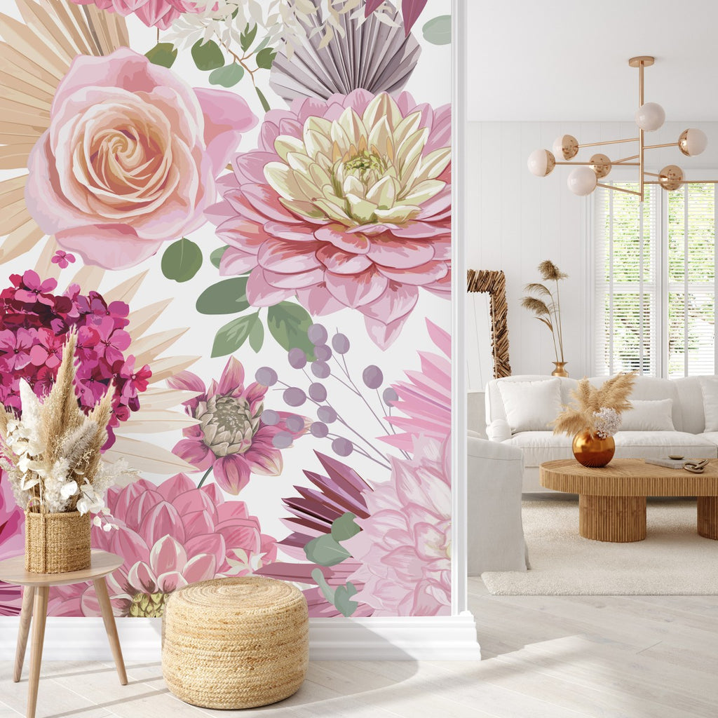 Pink Roses and Asters Wallpaper uniQstiQ Murals
