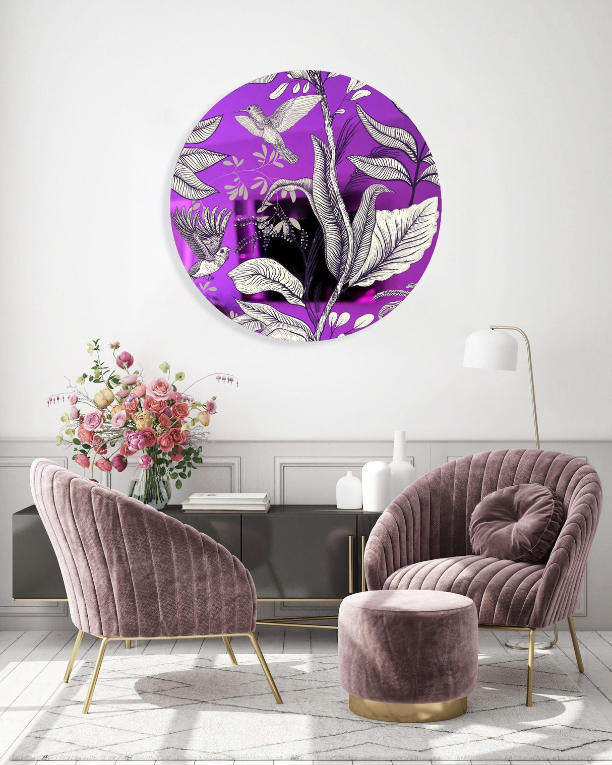 Beige Birds and Leaves Mirrored Acrylic Circles Contemporary Home DǸcor Printed acrylic 