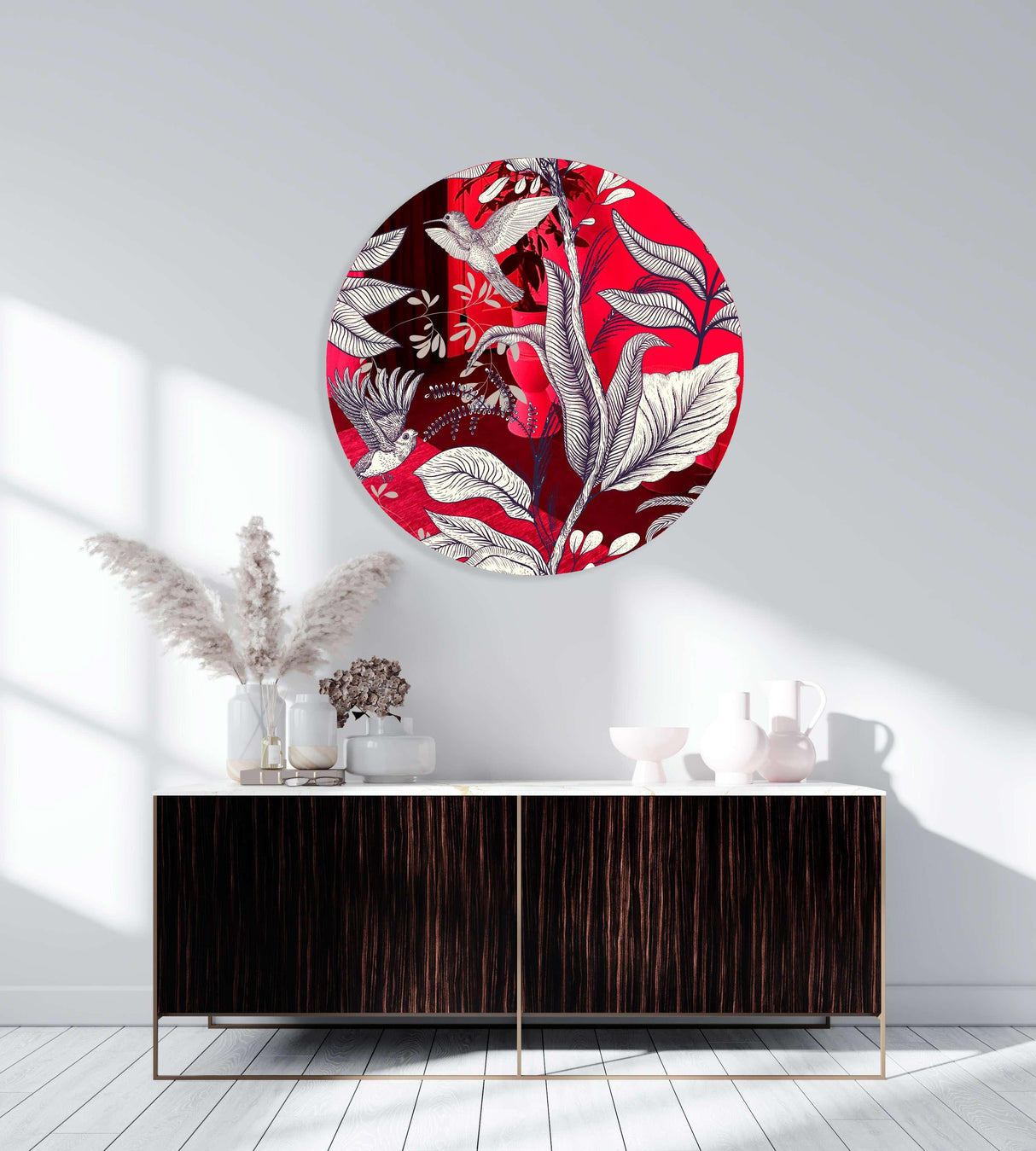 Beige Birds and Leaves Mirrored Acrylic Circles Contemporary Home DǸcor Printed acrylic 