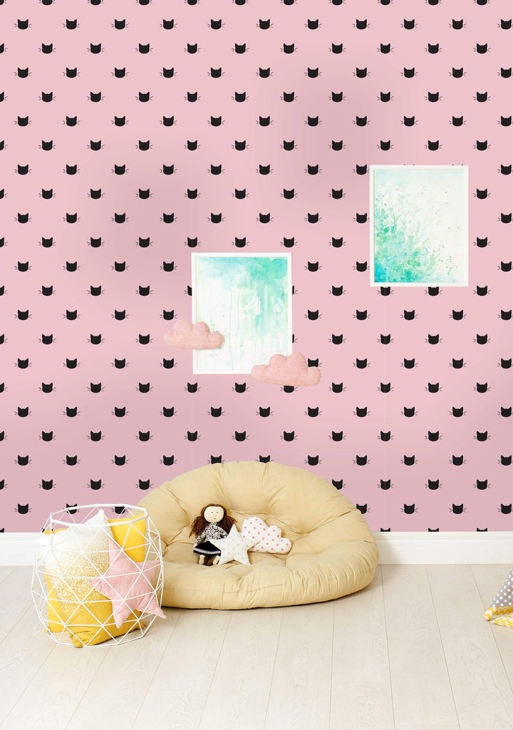 uniQstiQ Kids Black Heads of Cats on Pink Background Wallpaper Wallpaper