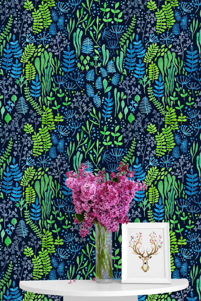uniQstiQ Botanical Blue and Green Botanical Wallpaper Wallpaper