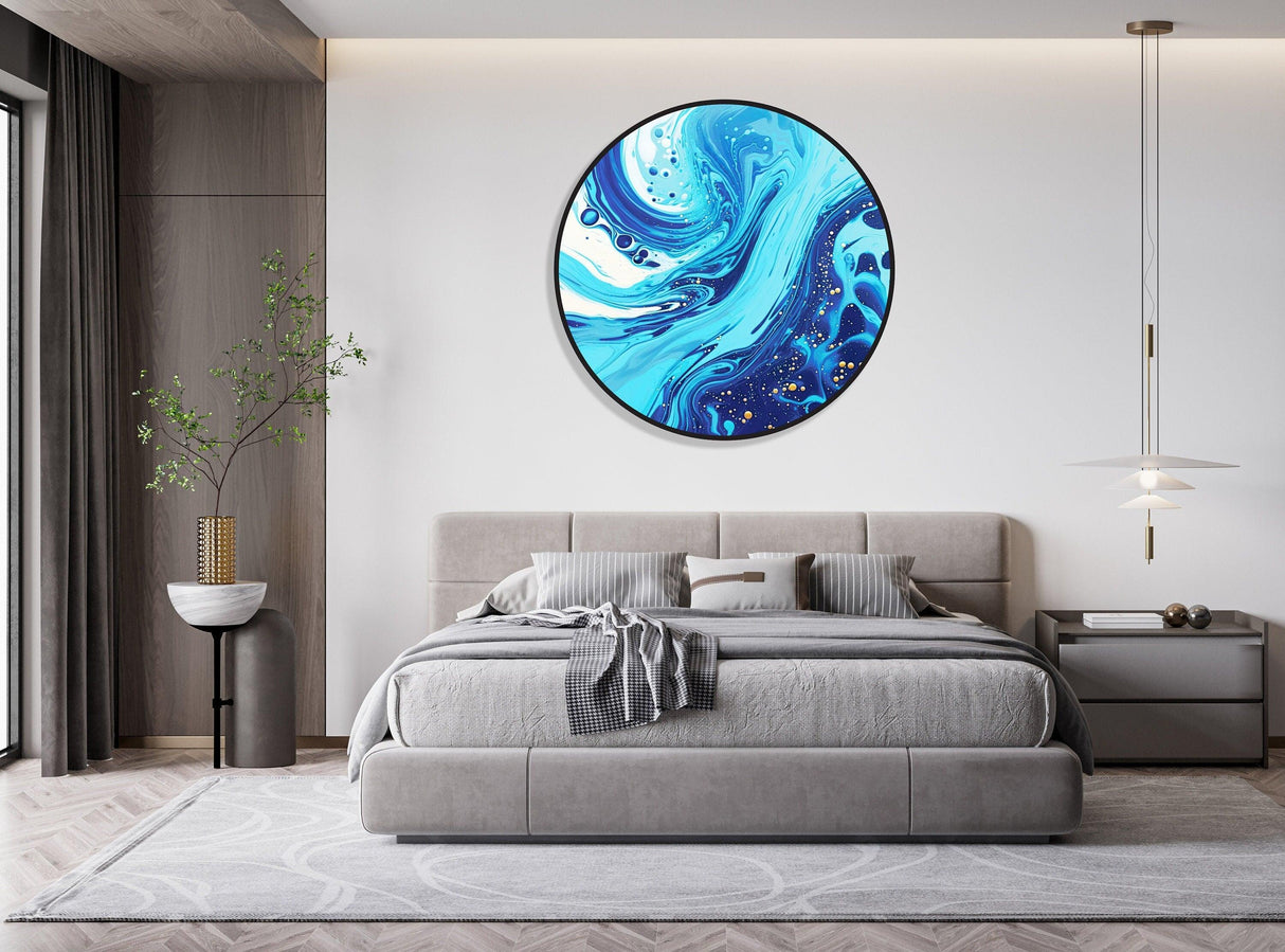 Blue Extra Large Wall Art Illuminated Round Display Artwork  Abstract Wall Decor 3D Contemporary Art Lighted Wall Art Fluid Art LED Art 1
