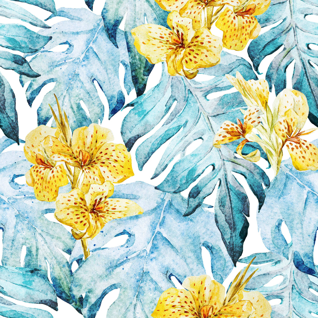 uniQstiQ Tropical Blue Leaves and Yellow Flowers Wallpaper Wallpaper