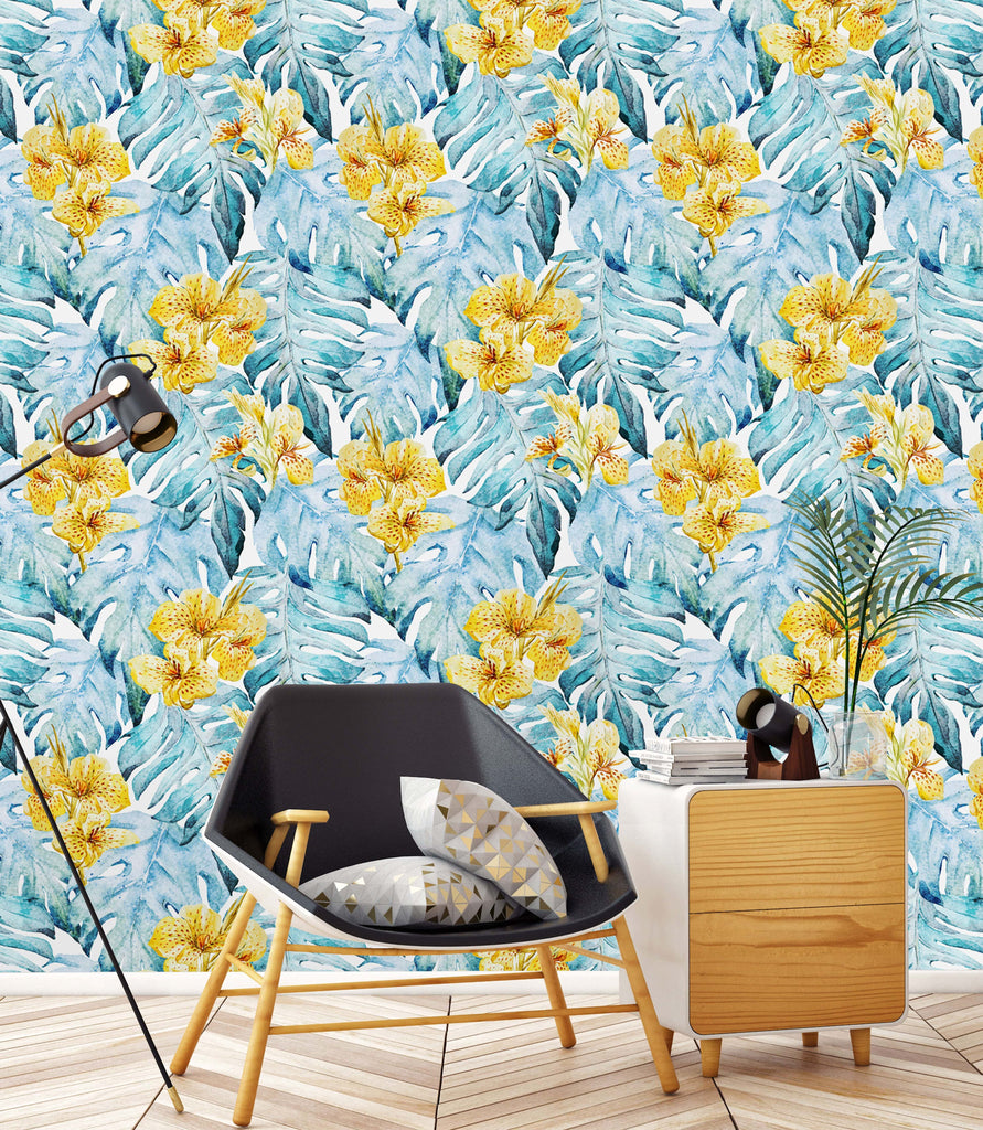uniQstiQ Tropical Blue Leaves and Yellow Flowers Wallpaper Wallpaper