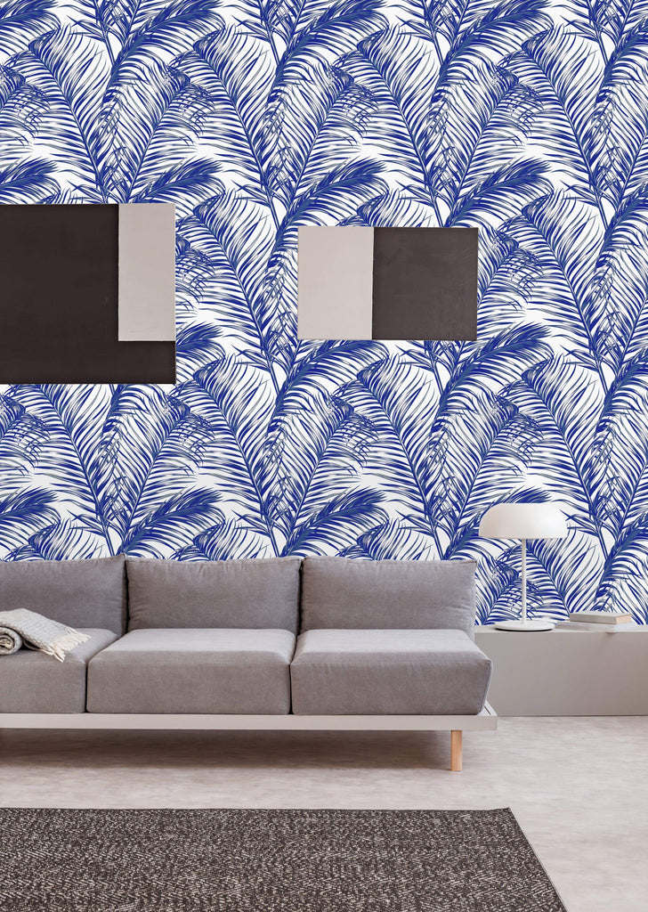 uniQstiQ Tropical Blue Leaves on White Wallpaper Wallpaper