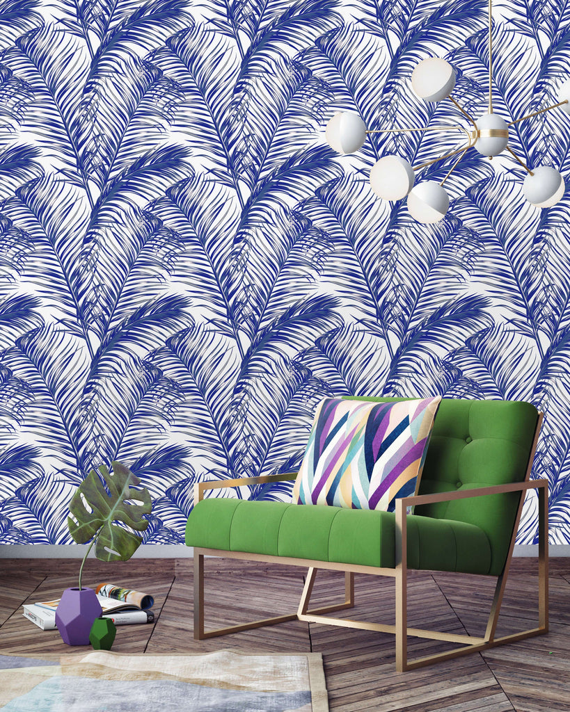 uniQstiQ Tropical Blue Leaves on White Wallpaper Wallpaper