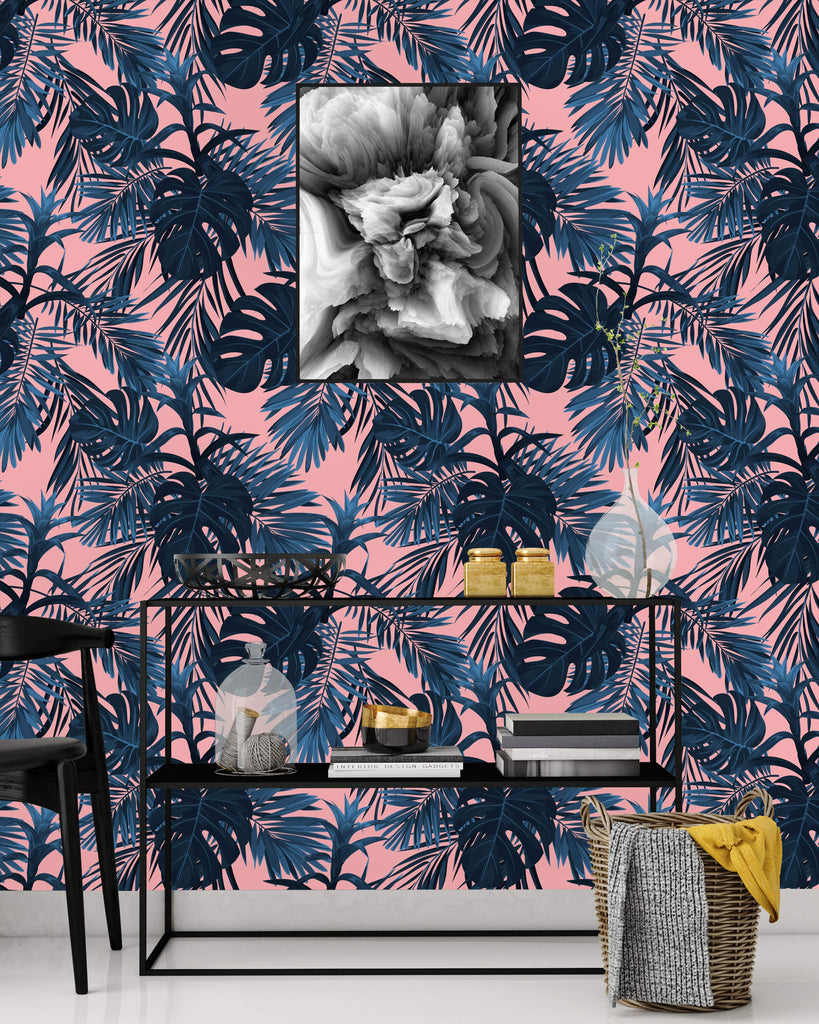 uniQstiQ Tropical Blue Tropical Leaves on Peach Background Wallpaper Wallpaper