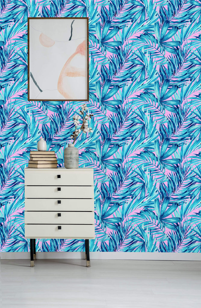uniQstiQ Tropical Blue Watercolour Palm Leaves Wallpaper Wallpaper