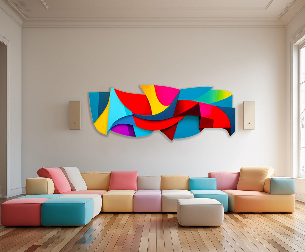 Bright Funky Multicolor Abstract Art, Wall Sculpture Print on Plexiglass Wall Art by Artist: UniQstiQ Vivid and Colourful Wall Decor Printed