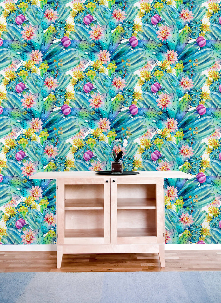 uniQstiQ Tropical Bright Watercolor Cactus Wallpaper Wallpaper