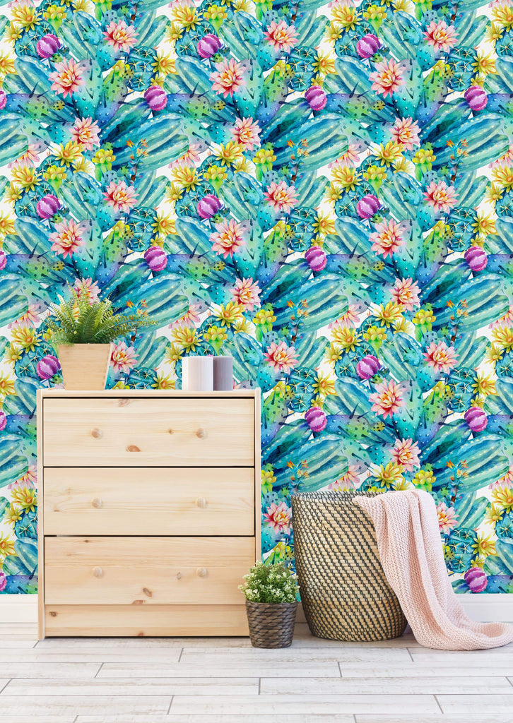 uniQstiQ Tropical Bright Watercolor Cactus Wallpaper Wallpaper