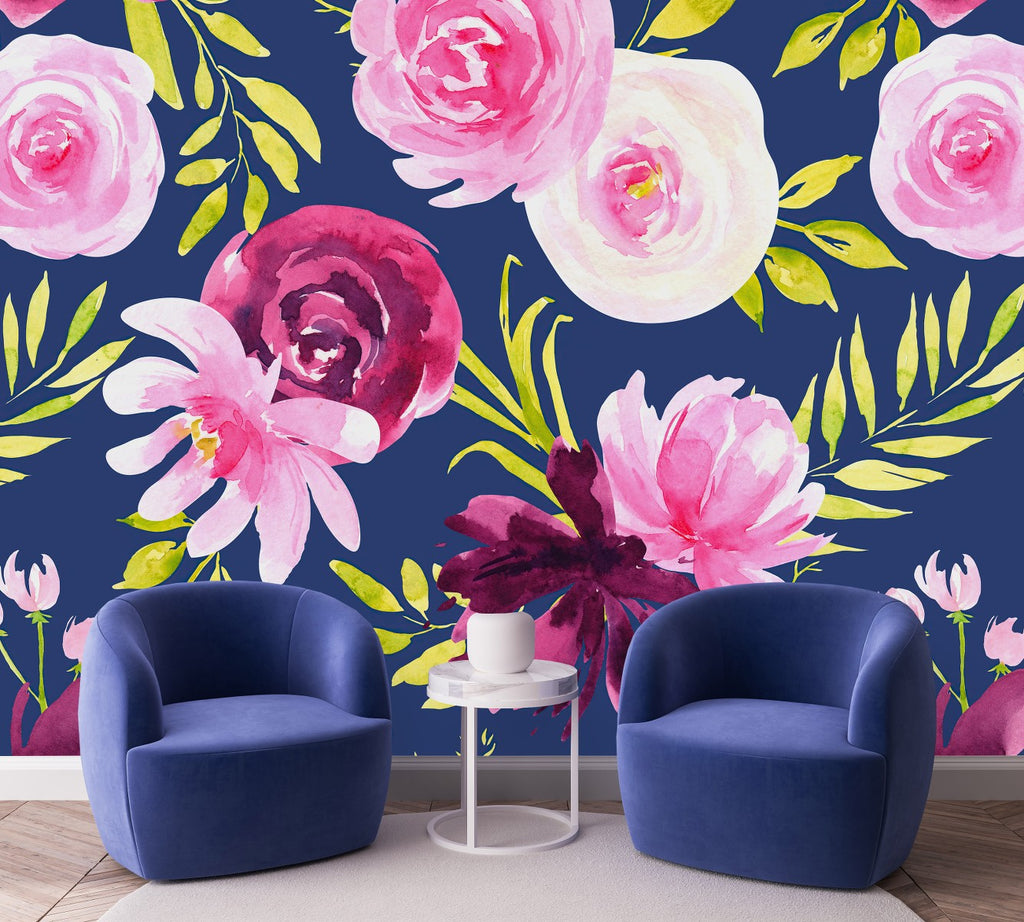 Dark Blue Wallpaper with Pink Flowers  uniQstiQ Murals