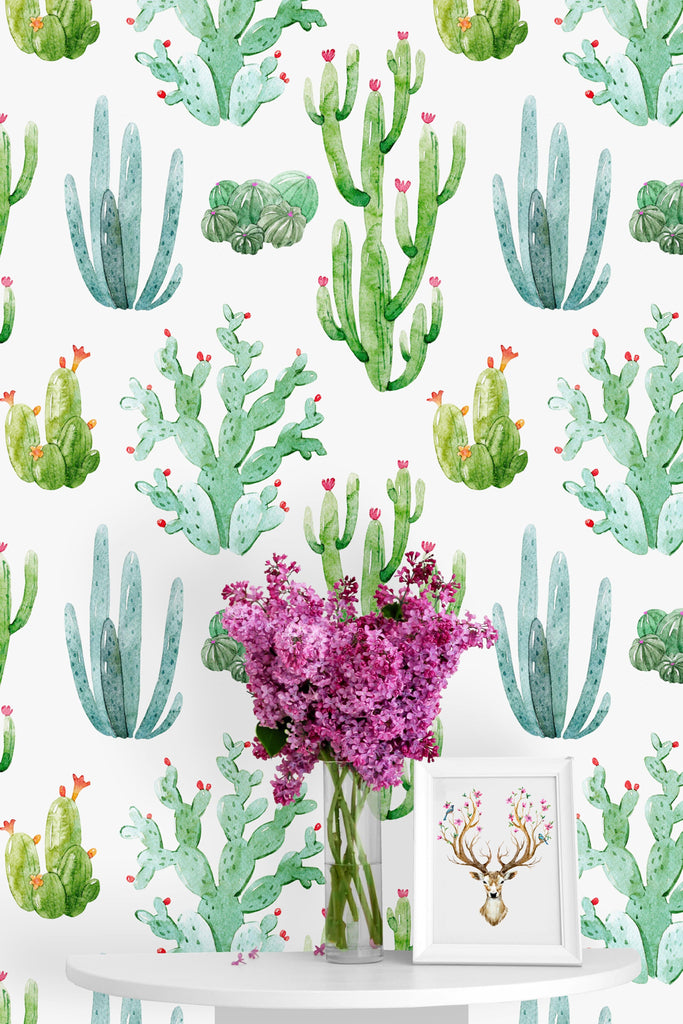uniQstiQ Tropical Cacti on White Background Wallpaper Wallpaper