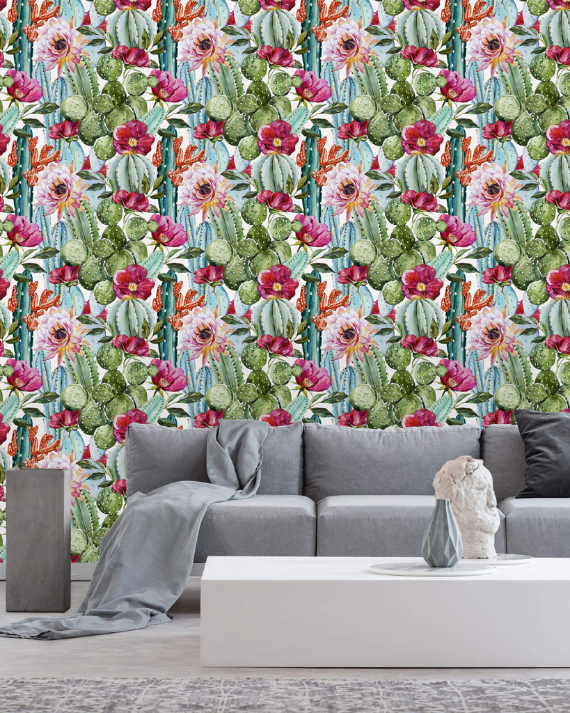 uniQstiQ Tropical Cactus with Poppy Flowers Wallpaper Wallpaper