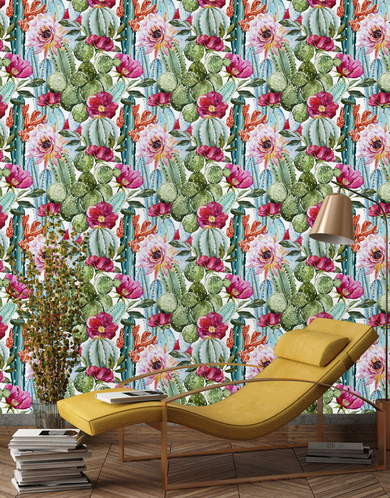 uniQstiQ Tropical Cactus with Poppy Flowers Wallpaper Wallpaper