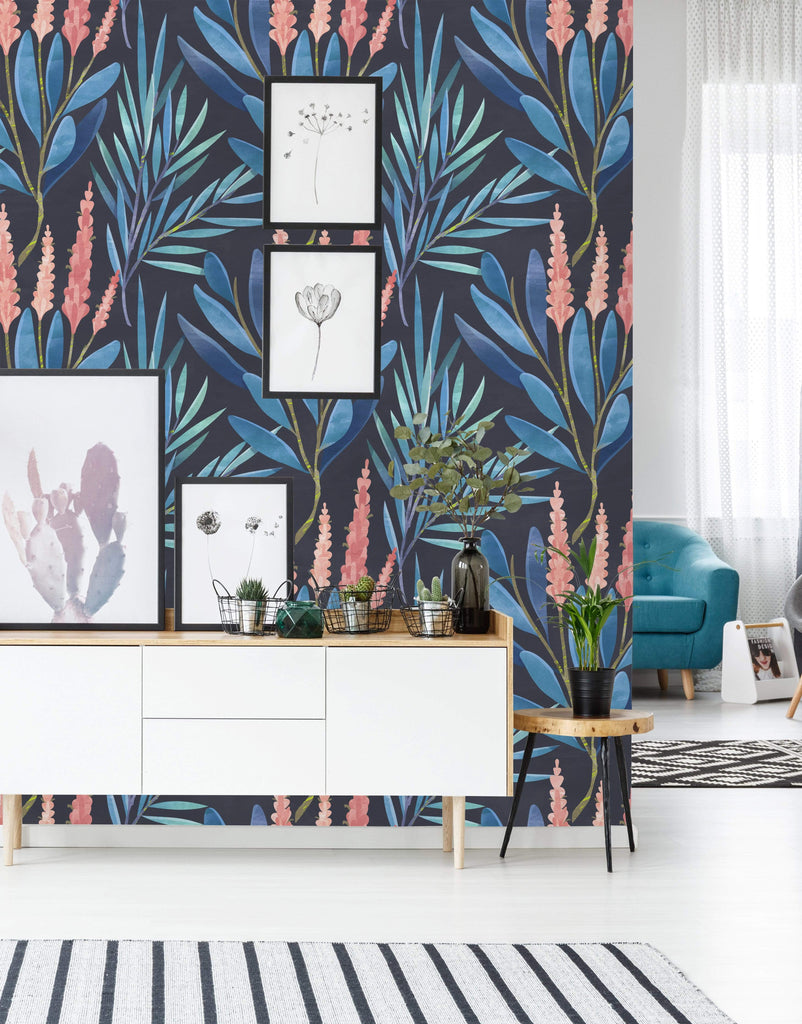 uniQstiQ Floral Cattails and Blue Leaves Wallpaper Wallpaper