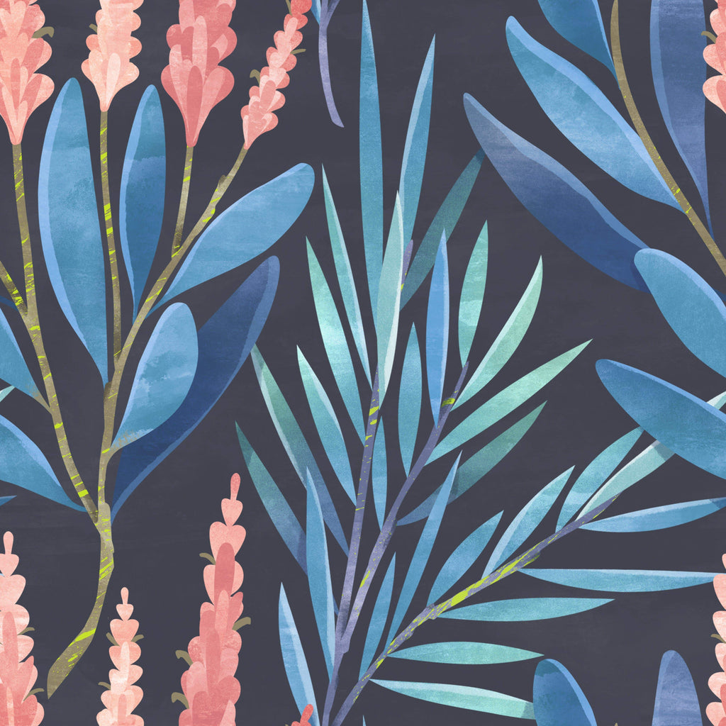 uniQstiQ Floral Cattails and Blue Leaves Wallpaper Wallpaper