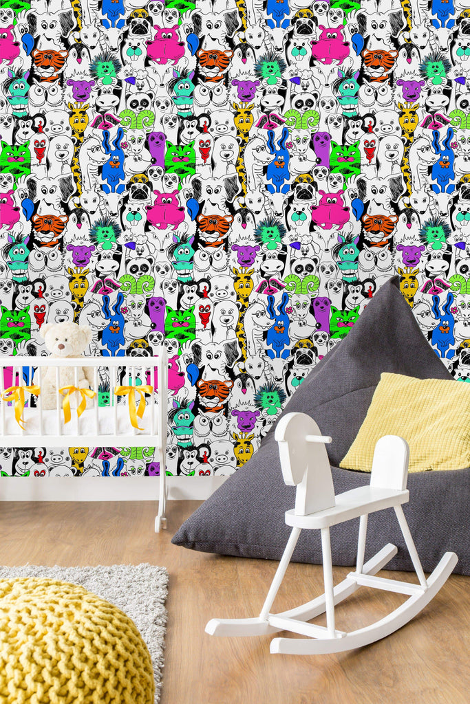 uniQstiQ Kids Colorful Bright Psychadelic Seamless Pattern with Funny Animals Wallpaper Wallpaper