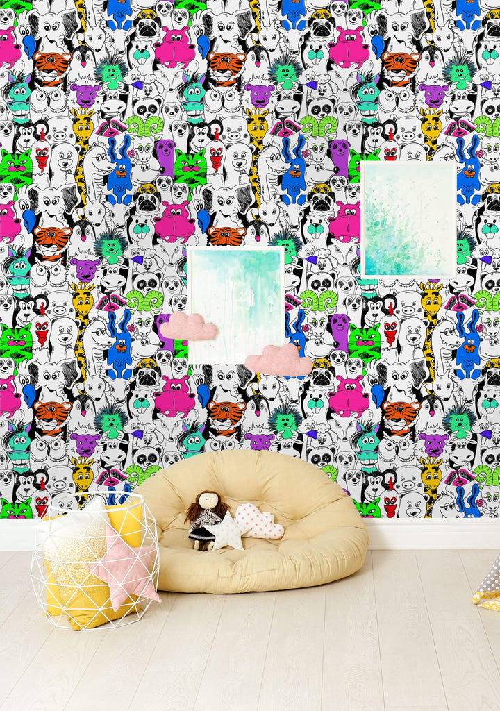 uniQstiQ Kids Colorful Bright Psychadelic Seamless Pattern with Funny Animals Wallpaper Wallpaper