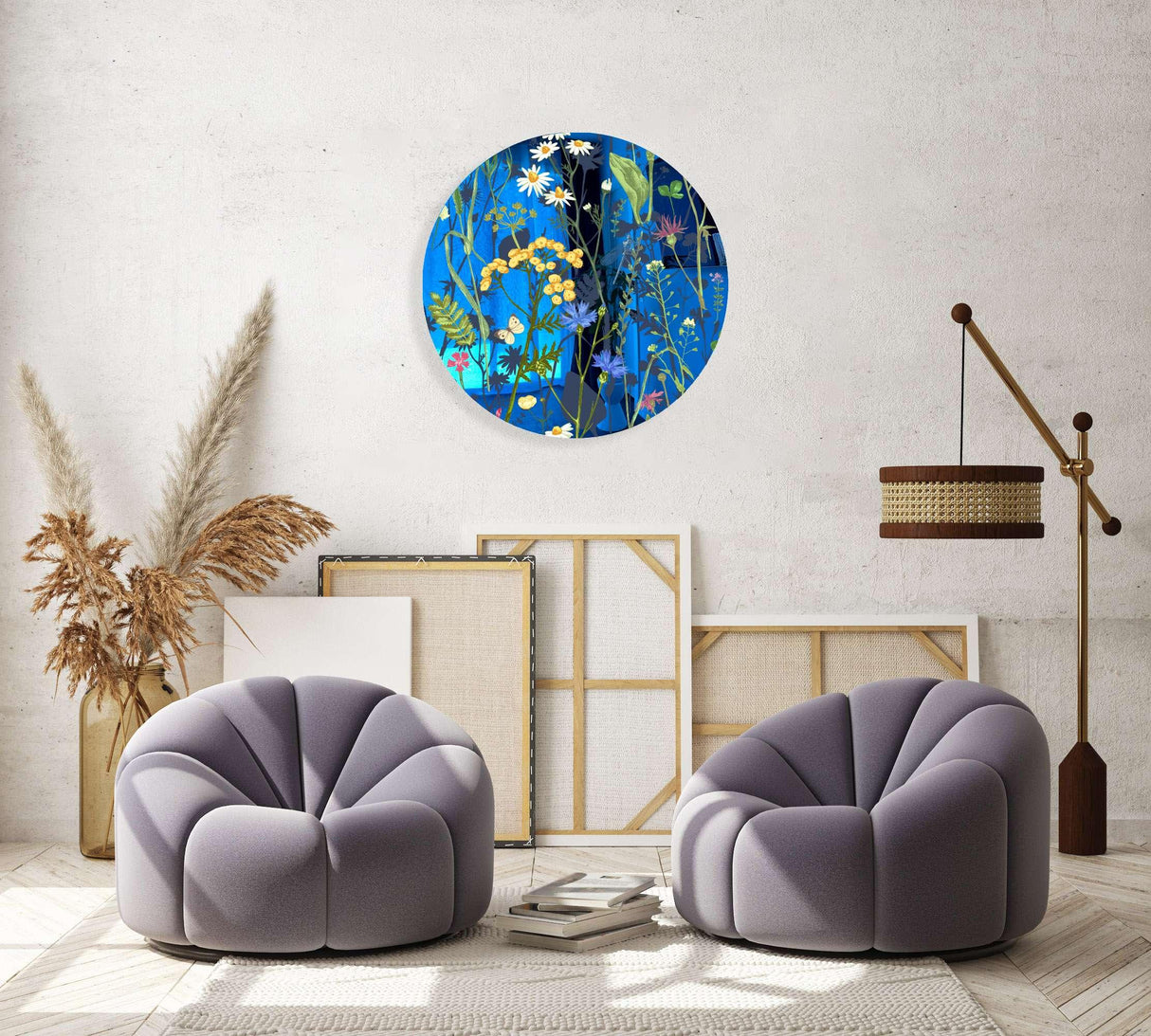 Colorful Herbs and Flowers on Dark Background Mirrored Acrylic Circles Contemporary Home DǸcor Printed acrylic 