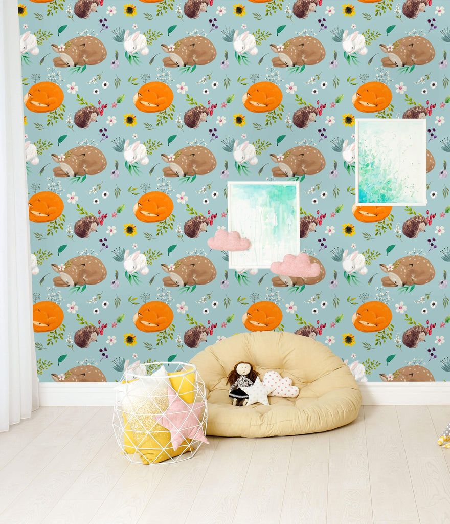 uniQstiQ Kids Cute Animals with Flowers Wallpaper Wallpaper