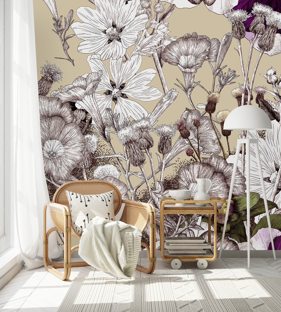 Beige Floral Wallpaper  uniQstiQ Murals