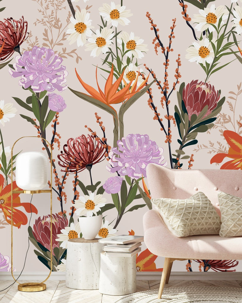 Pink Wallpaper with Exotic Flowers uniQstiQ Murals