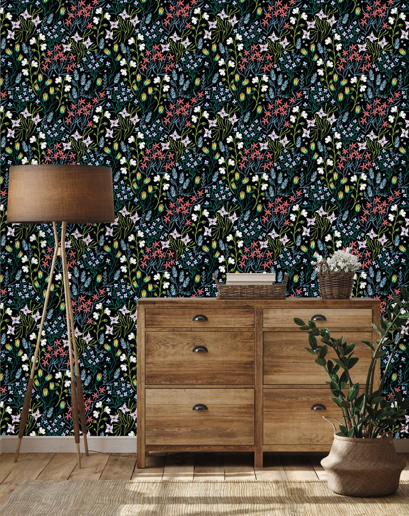 Dark Wallpaper with Little Flowers  uniQstiQ Floral