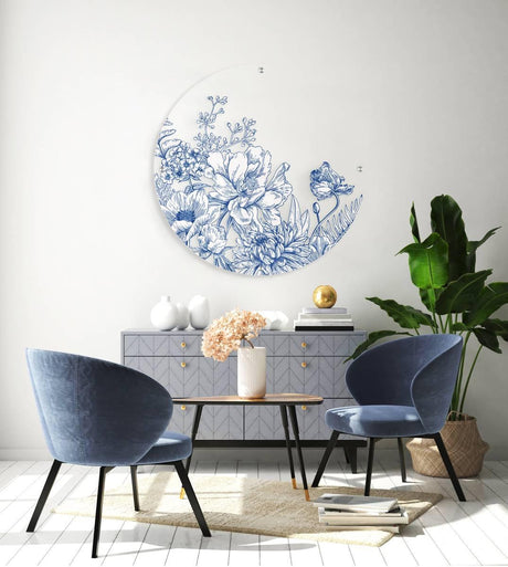 Dark Blue Flowers Printed Transparent Acrylic Circle - uniqstiq
