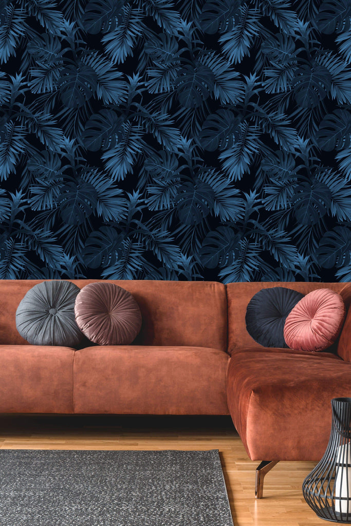 uniQstiQ Tropical Dark Blue Leaves Wallpaper Wallpaper