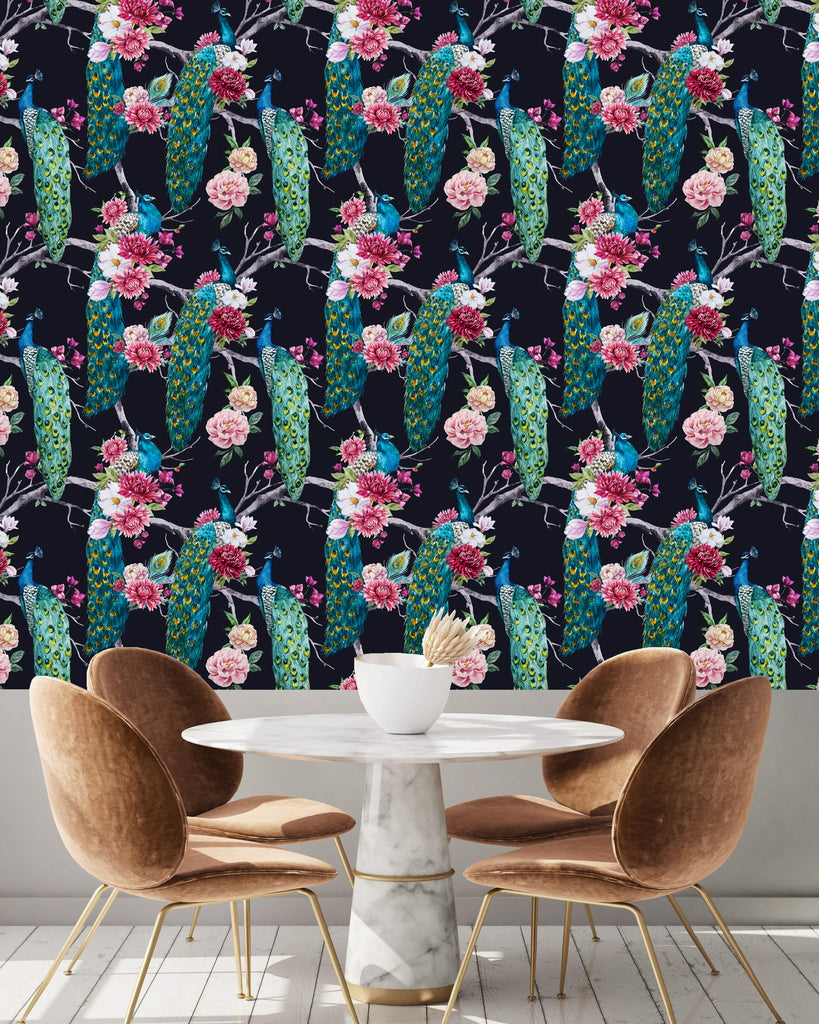 uniQstiQ Floral Dark Peacock Pattern Wallpaper Wallpaper