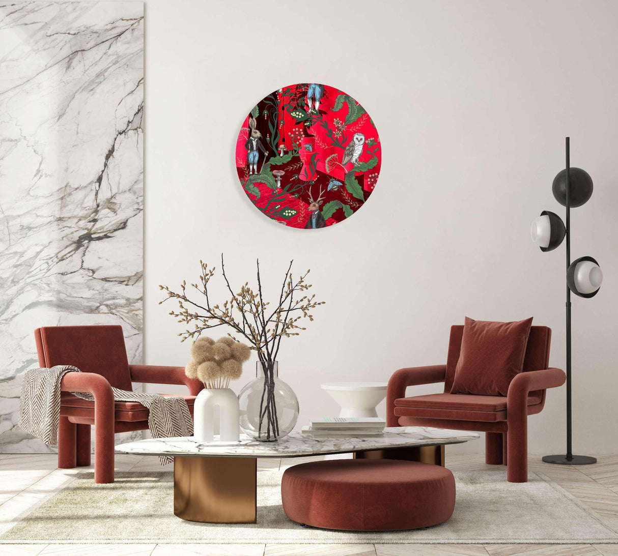 Dark Woodland Animals Mirrored Acrylic Circles Contemporary Home DǸcor Printed acrylic 