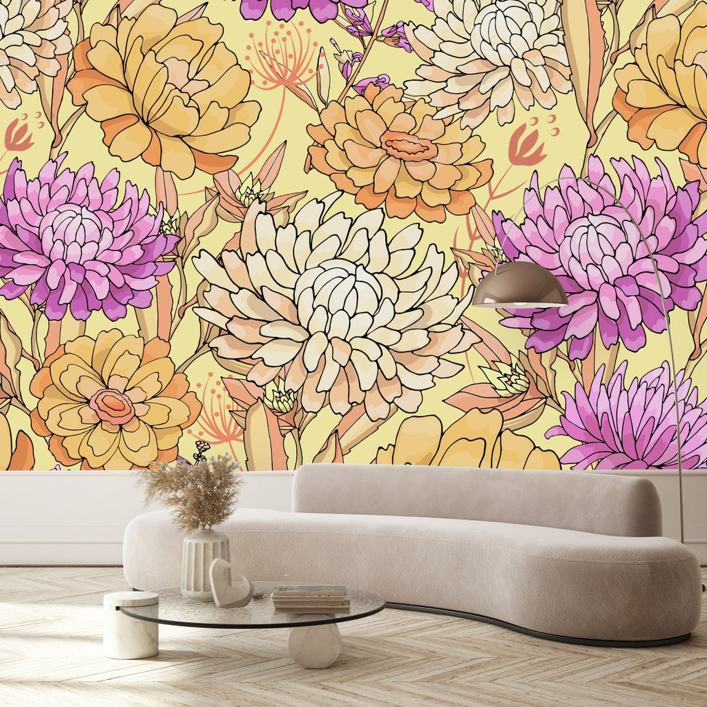 Yellow and Pink Flowers Wallpaper  uniQstiQ Long Murals