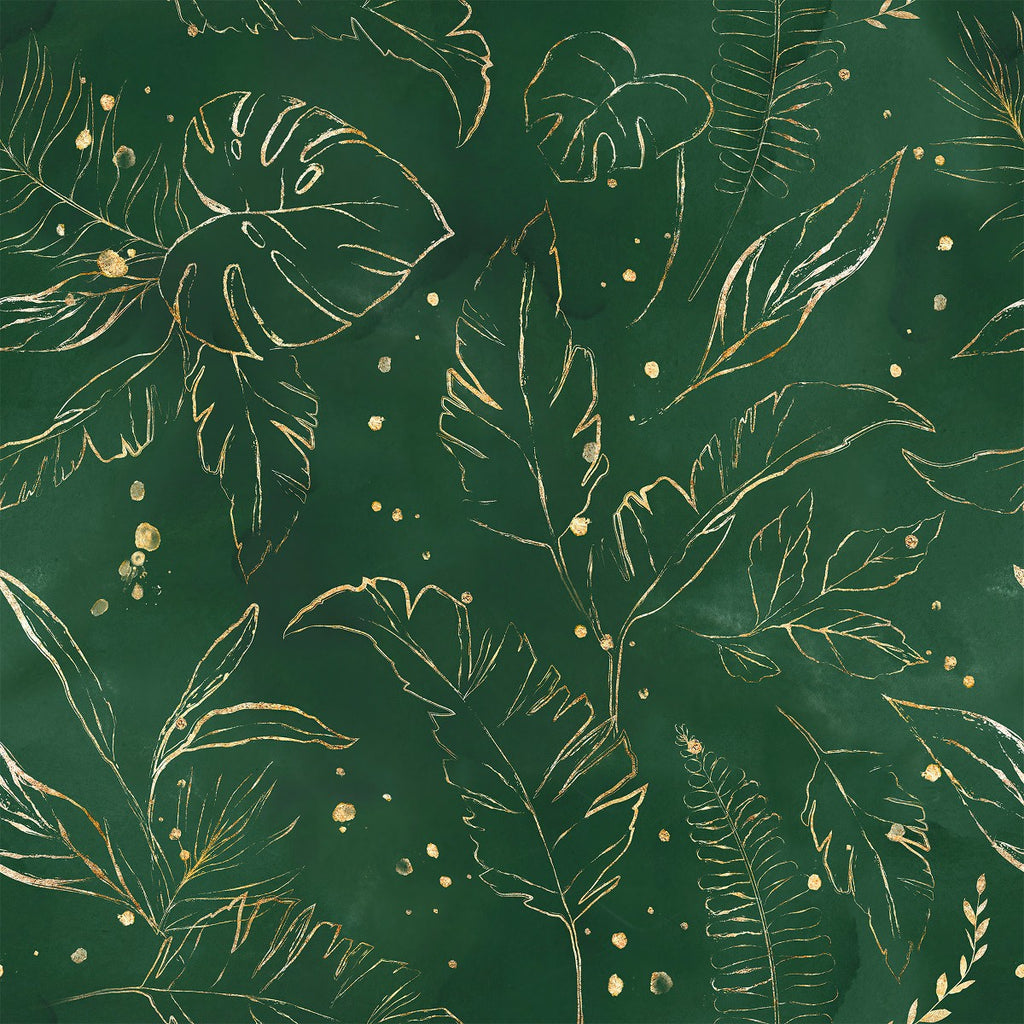Green Wallpaper with Gold Contours of Leaves uniQstiQ Botanical