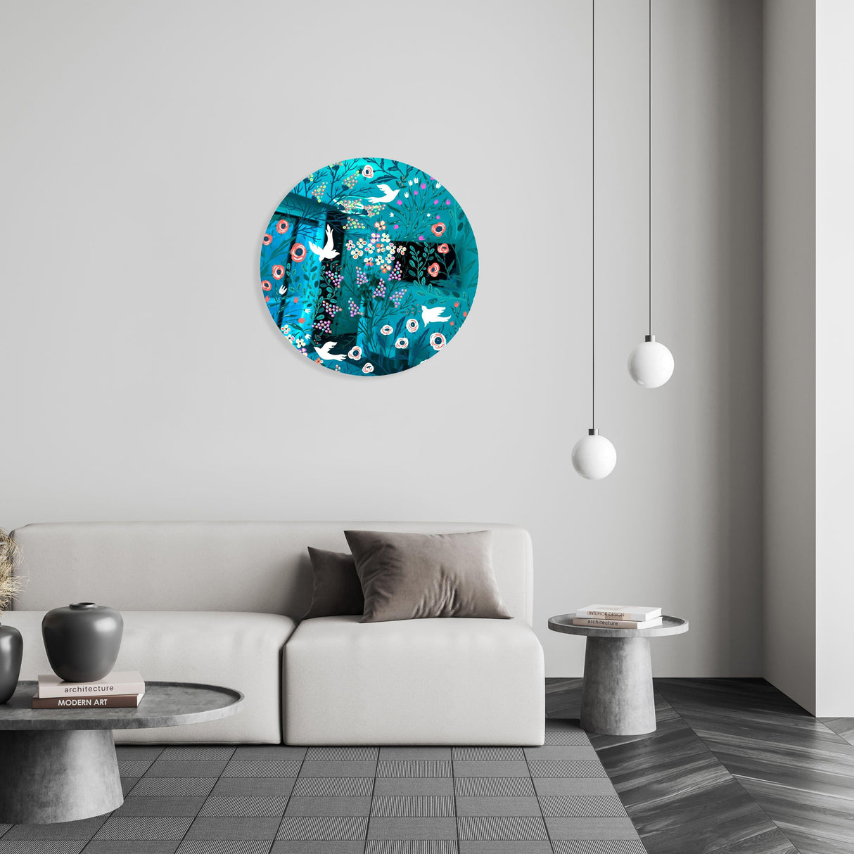 Doves and Flowers Mirrored Acrylic Circles Contemporary Home DǸcor Printed acrylic 