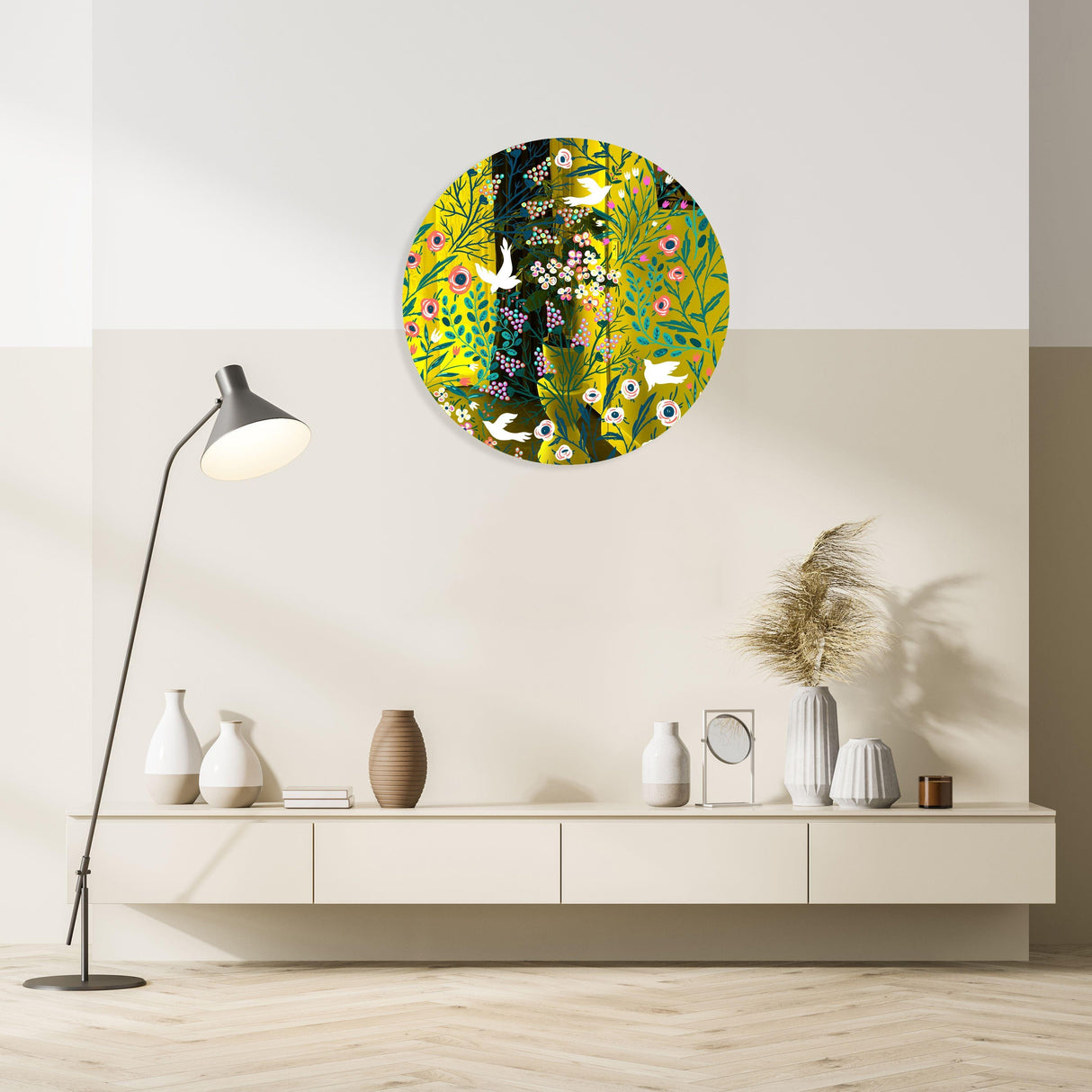 Doves and Flowers Mirrored Acrylic Circles Contemporary Home DǸcor Printed acrylic 